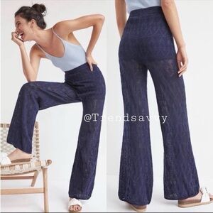 Anthropologie Navy Pointelle Knit Wide Leg Pants Lounge Resort Coastal M Beach